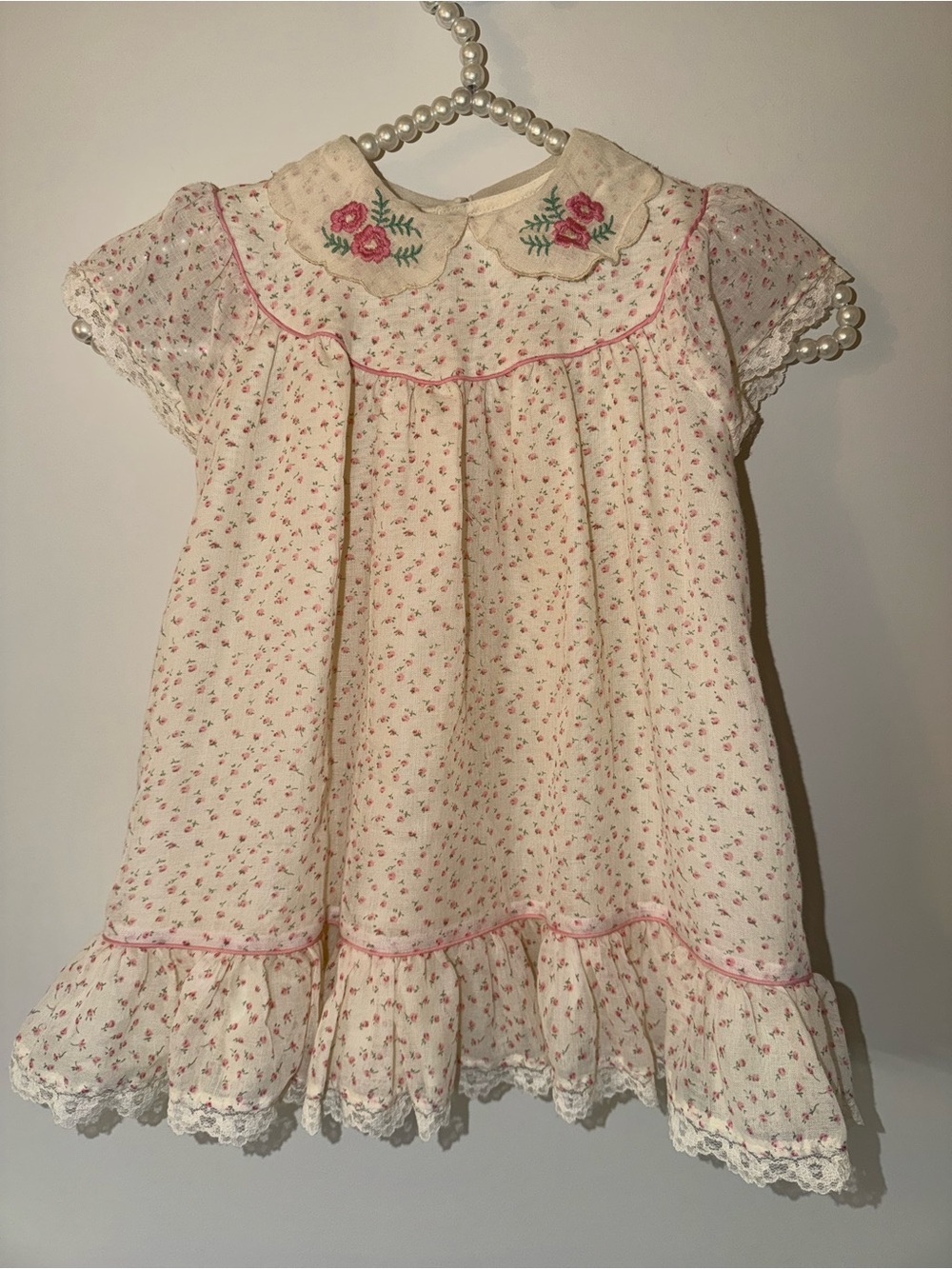 VTG Nannette Floral Embroidered Dress 4T Cottagecore Lace Trim